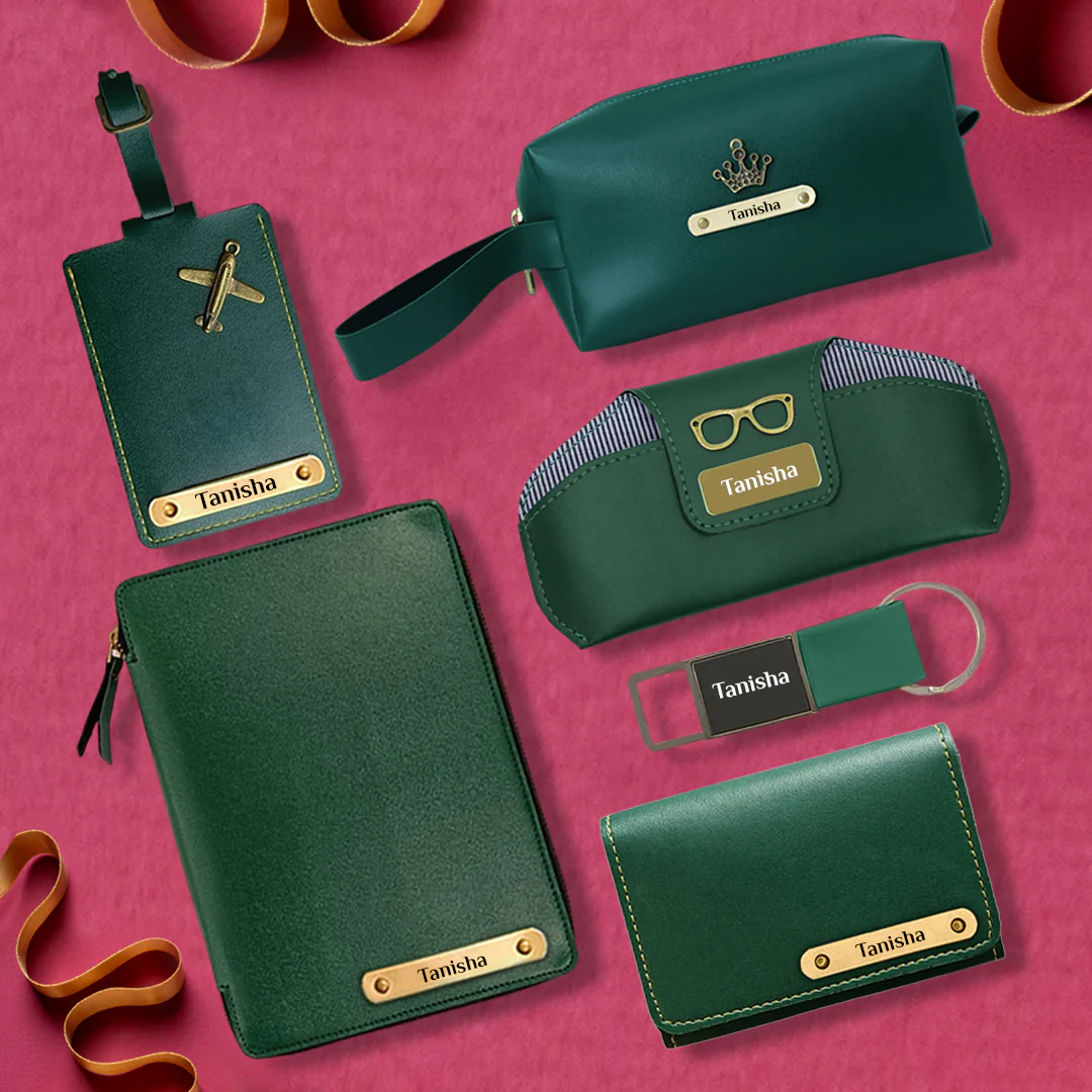 Elegant_Personalized_6-in-1_Travel_Gift_Set-Zipper_Diary_Keychain_Sunglasses_Travel_Pouch_Cardholder_Luggage_Tag_Green