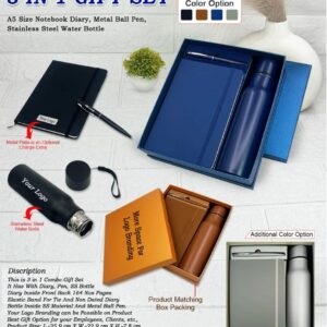 3 in 1 Premium Gift Set – A5 PU Leather Diary, Metal Ball Pen & Stainless Steel Water Bottle