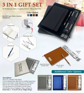 3 in 1 Premium Gift Set – PU Leather Diary, Metal Ball Pen & Laptop Stand