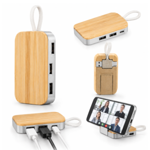 WoodHub: Bamboo USB Hub & Phone Stand - Corporate Gift
